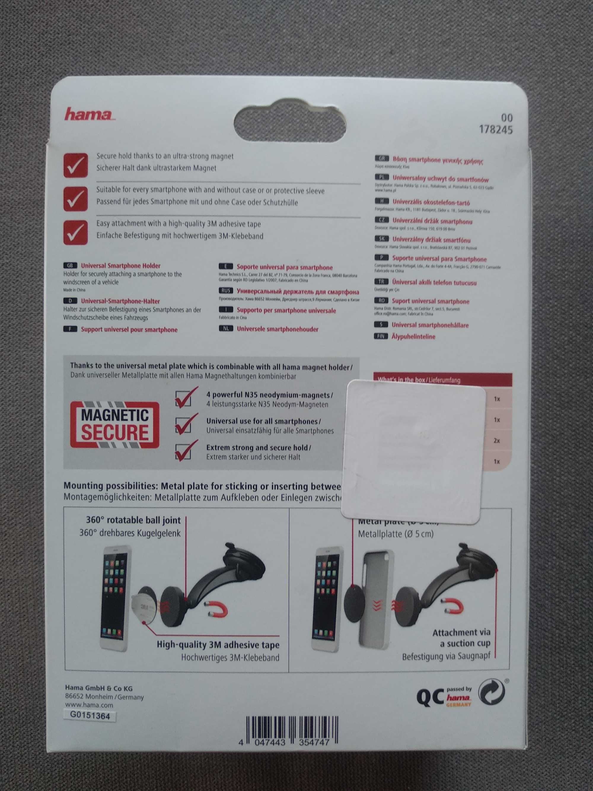 Uniwersalny magnetyczny uchwyt na telefon z przyssawką do szyby HAMA