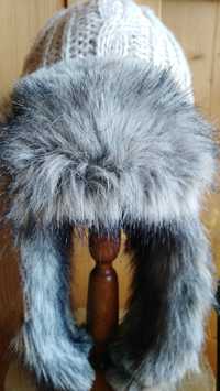 RASTER zimowa gruba pleciona futrzana czapka uszatka wełna 58-60 cm