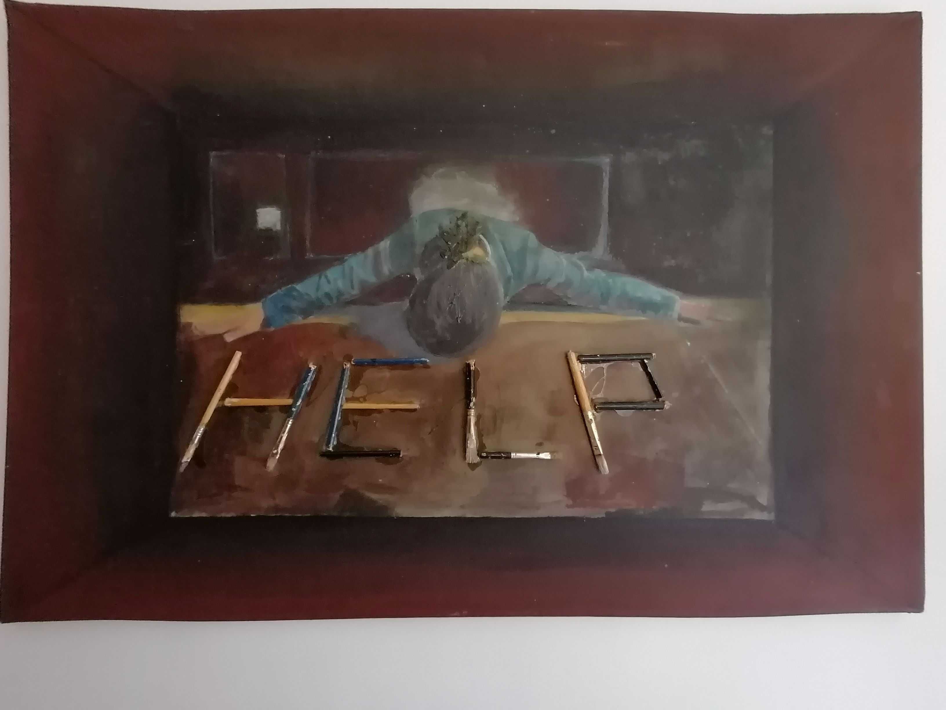 Técnica mista sobre tela com título “HELP”, assinada e datada de 2007