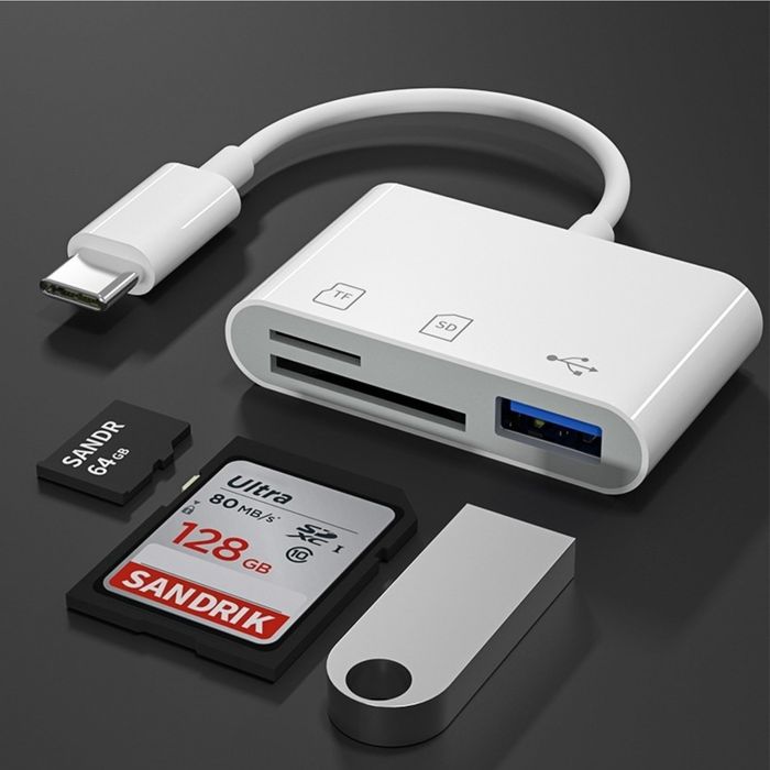Переходник 3 в 1 с Type-C на USB 3.0 + SD/TF Адаптер для USB-C на флеш