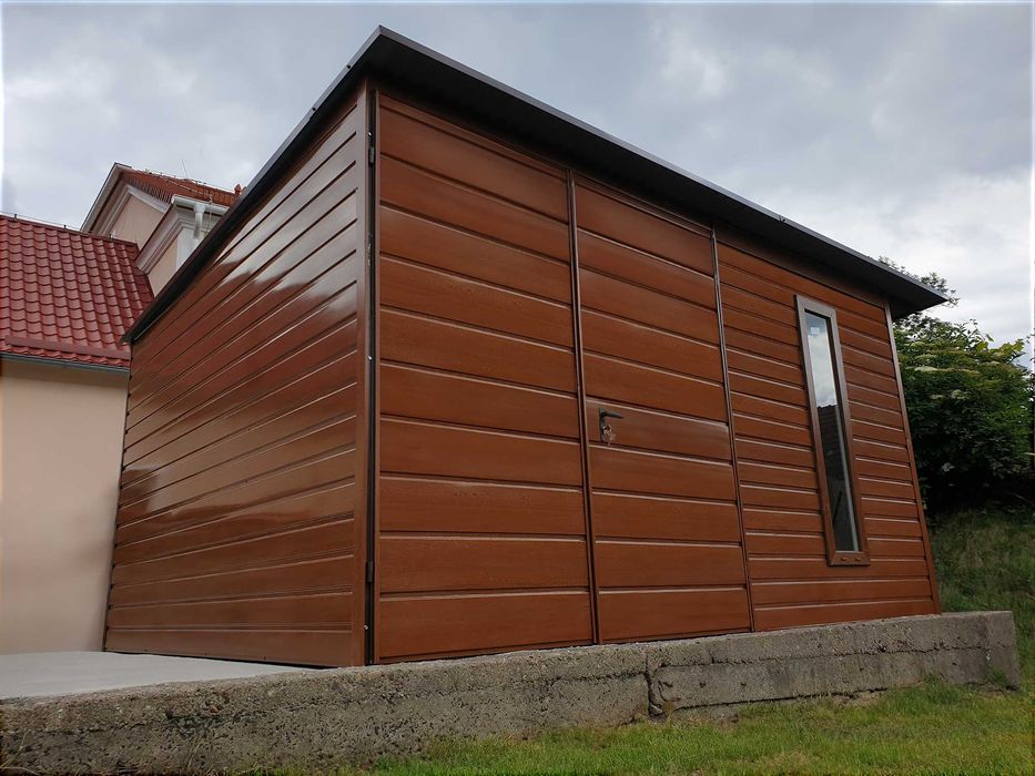 Domek ogrodowy 4x3m- złoty dąb ciemny + zadaszenie + okno premium