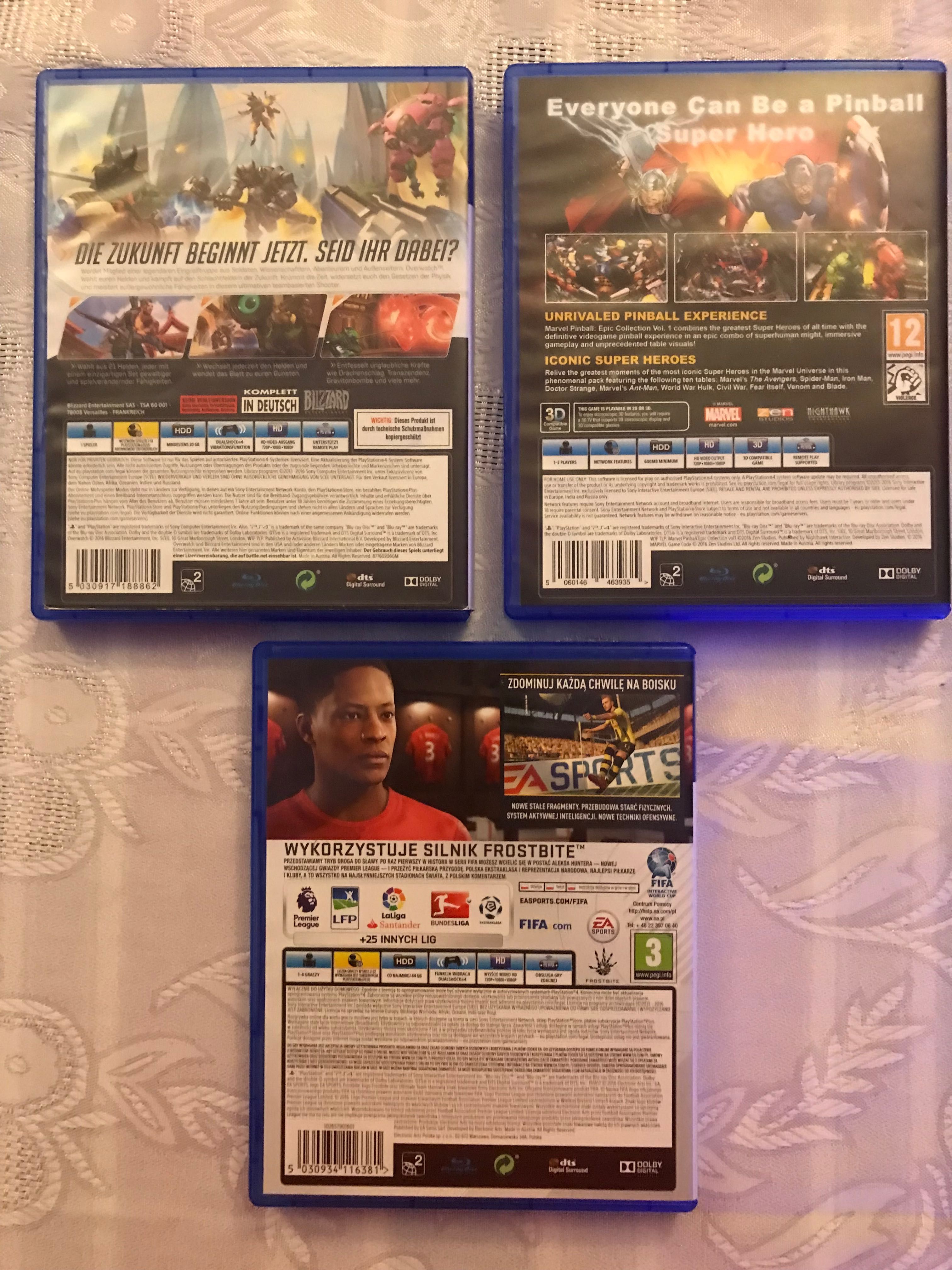 Gry PS4: „Overwatch origins edition”, Marvel pin ball ”, “ FIFA 17”