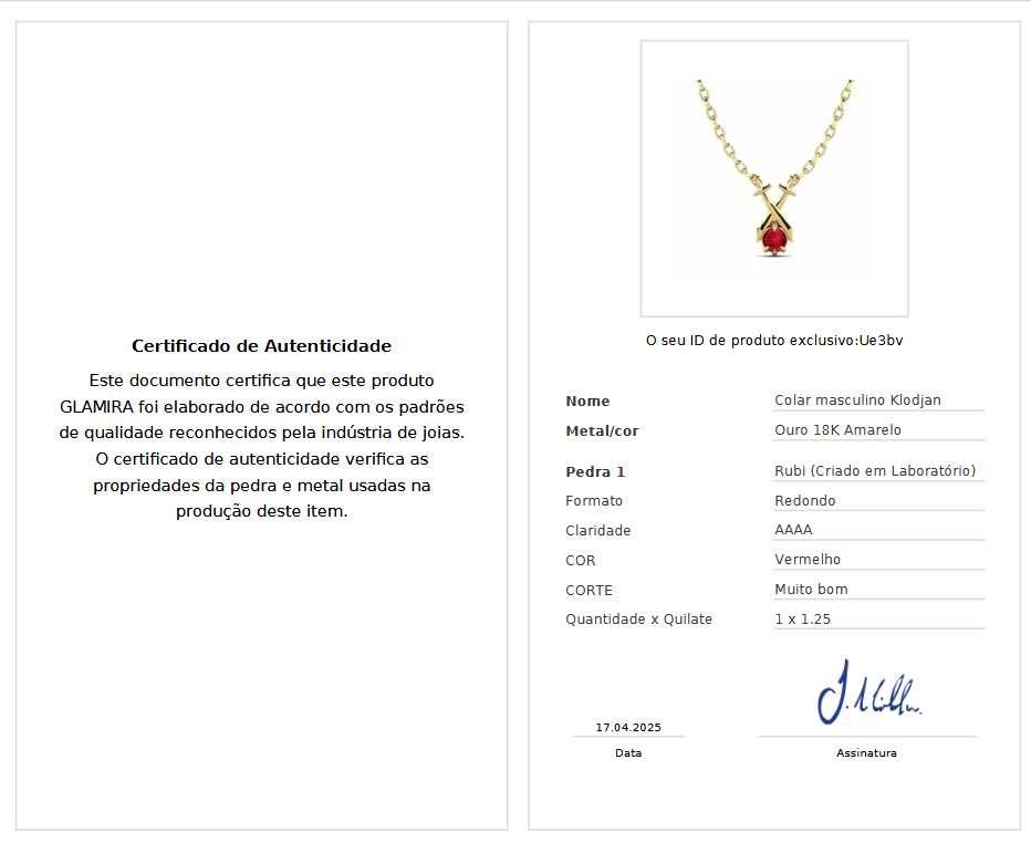 Pendente de ouro e pedra de rubi