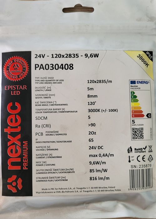 PA030408 Taśma led 9.6w, 24v, 3000k, IP65