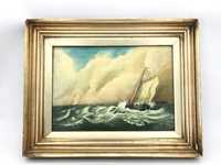 Pintura antiga óleo sobre tela paisagem marítima turbulenta com navios