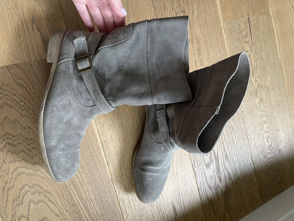 Skórzane zamszowe szare botki 39 / 40 25,5 cm