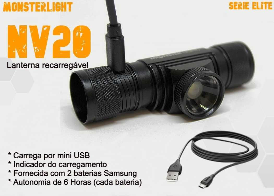 Lanterna cabeça MonsterLight c/2 baterias recarregáveis Samsung e zoom