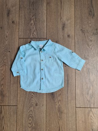 Miętowa koszula lniana dla chłopca podwijane rekawy H&M Rozmiar 68 cm