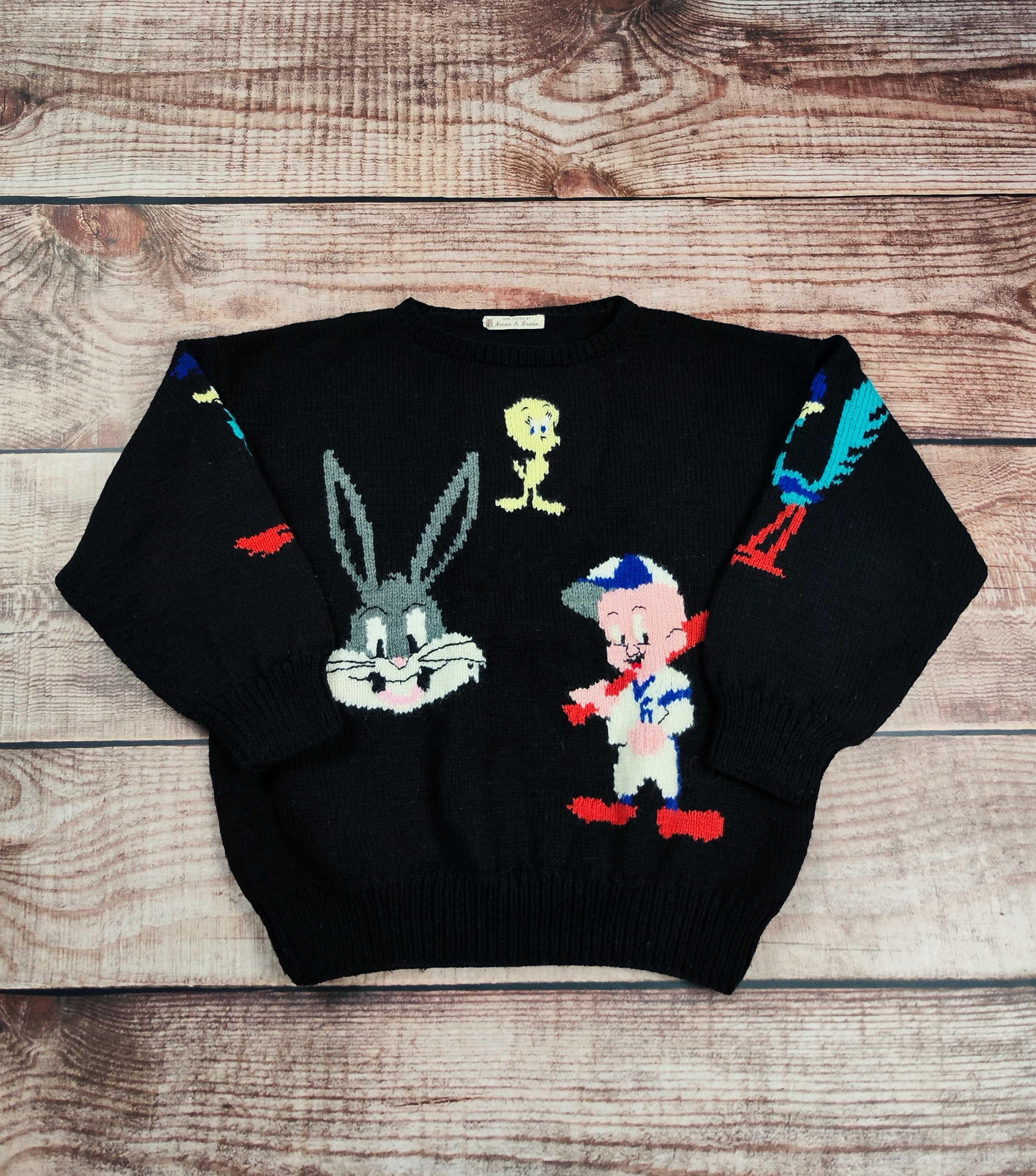 Vintage sweter handmade Looney Tunes wełniany