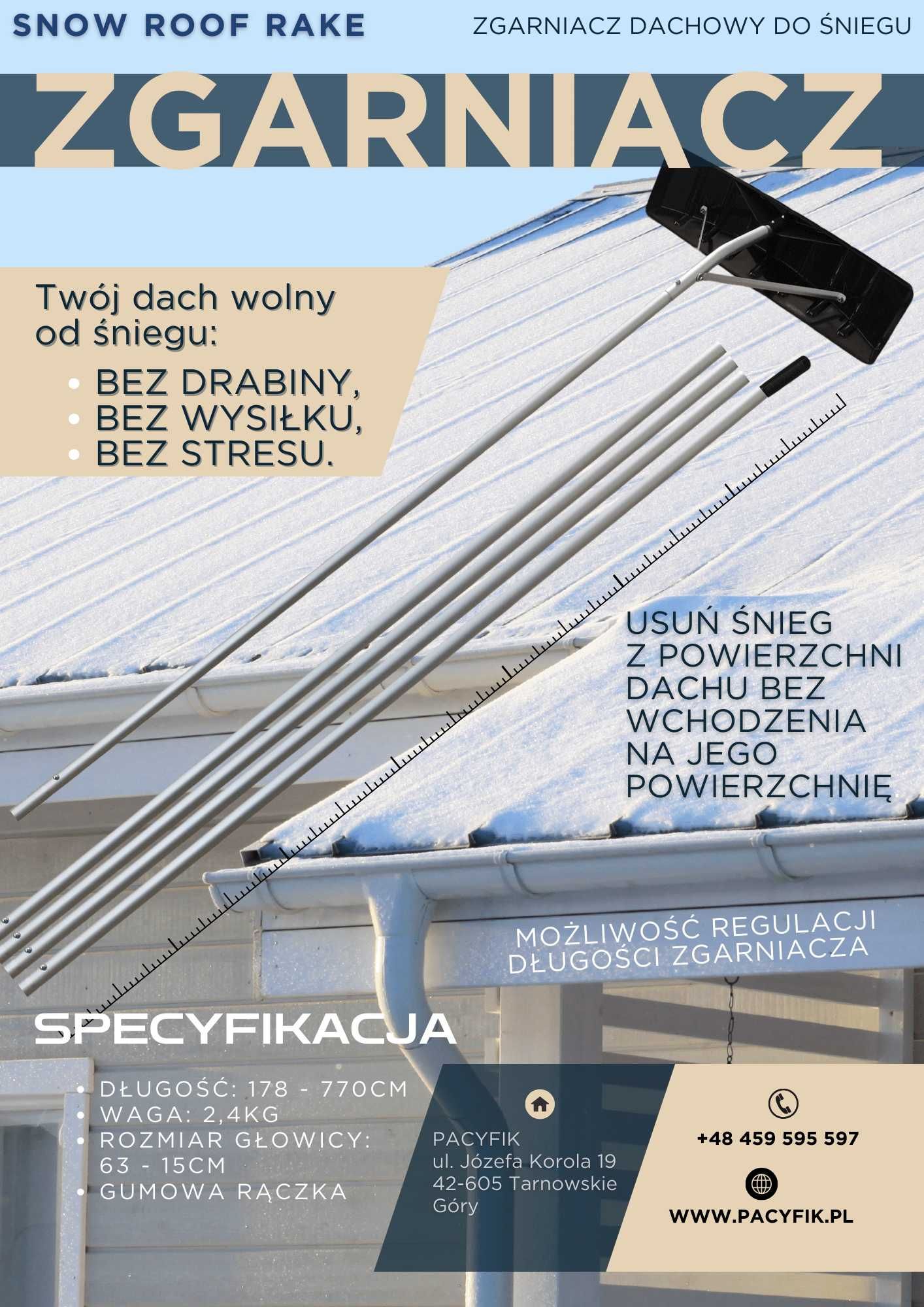 Zgarniacz do śniegu, do dachu, fotowoltaiki, dachowy. Dług. 178-770cm!