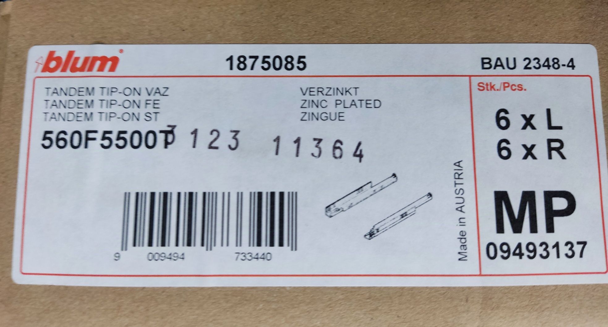 BLUM 560F5000T prowadnica TANDEM z TIP-ON Pełny wysuw 30 kg
