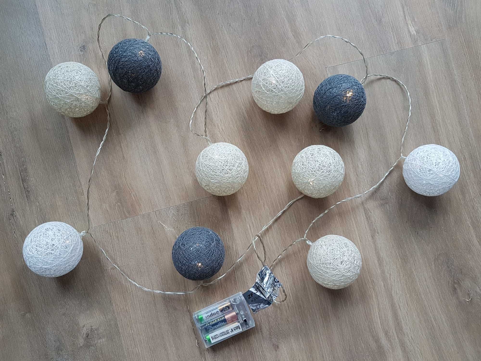Lampki dekoracyjne Cotton Balls 10 kul białe kremowe szare 2,2mbaterie