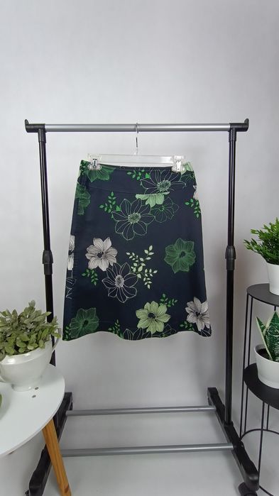 Granatowa damska trapezowa spódnica do kolan w kwiaty H&M roz. M