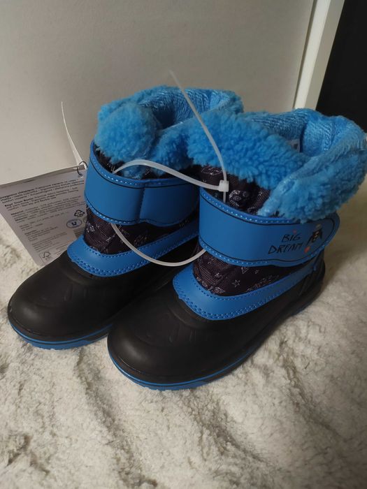 Śniegowce chłopięce buty zimowe 28 kozaki niebieskie rakieta kosmos