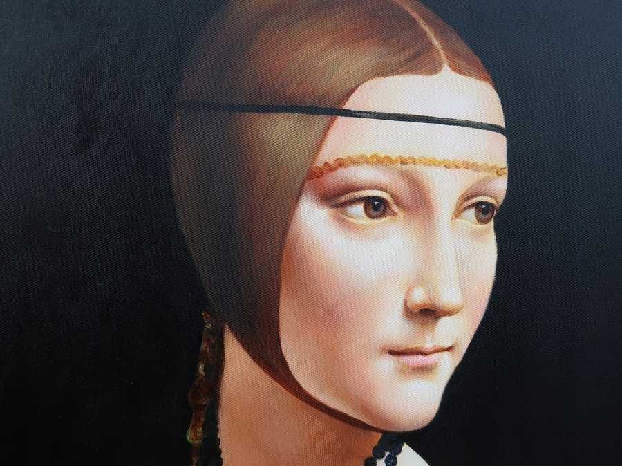 Obraz malowany L. DA VINCI DAMA Z GRONOSTAJEM z łasiczką rama złota