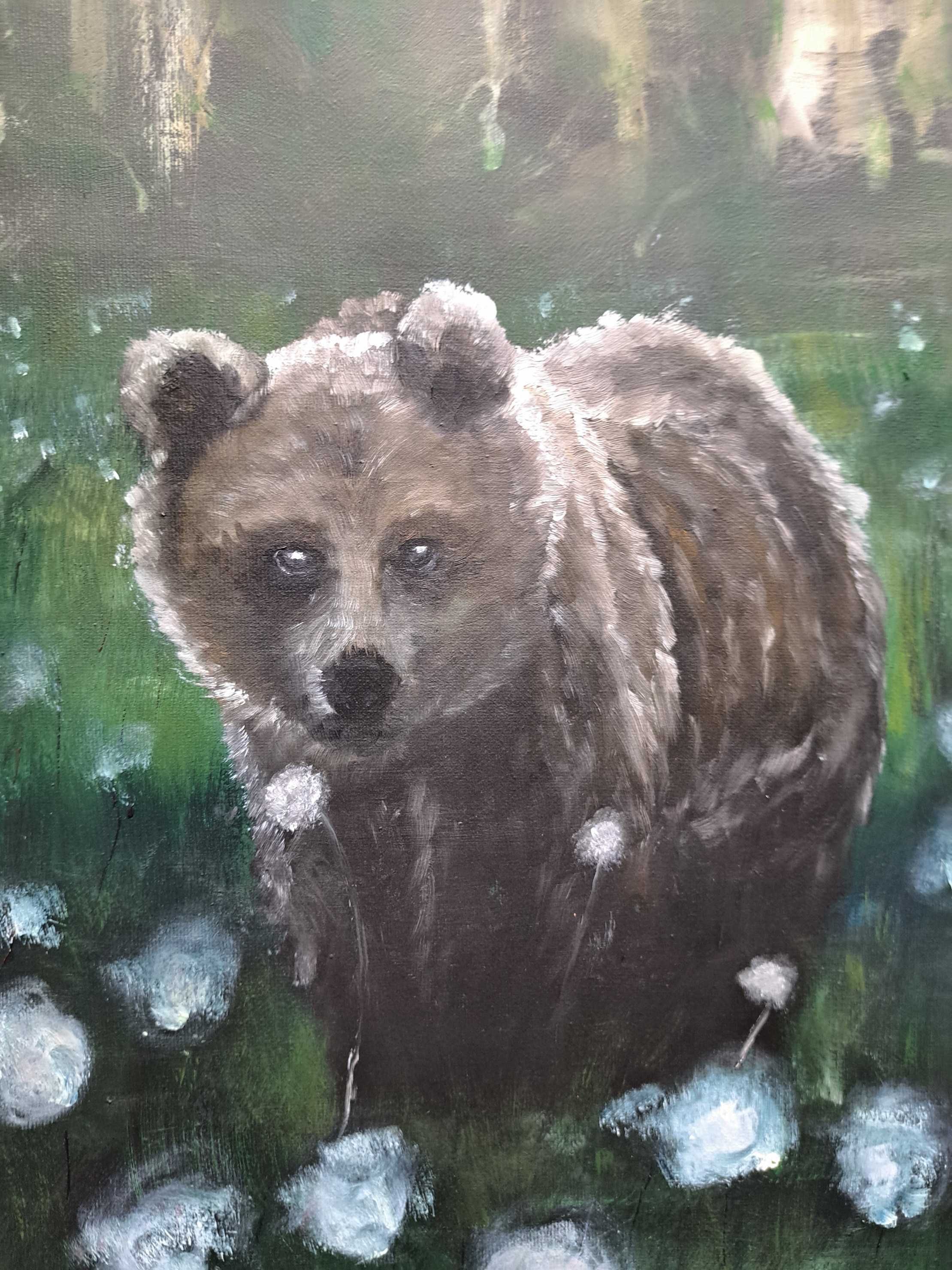 Spotkanie obraz olejny płótno 60x80 las natura łąka niedźwiedź kurier