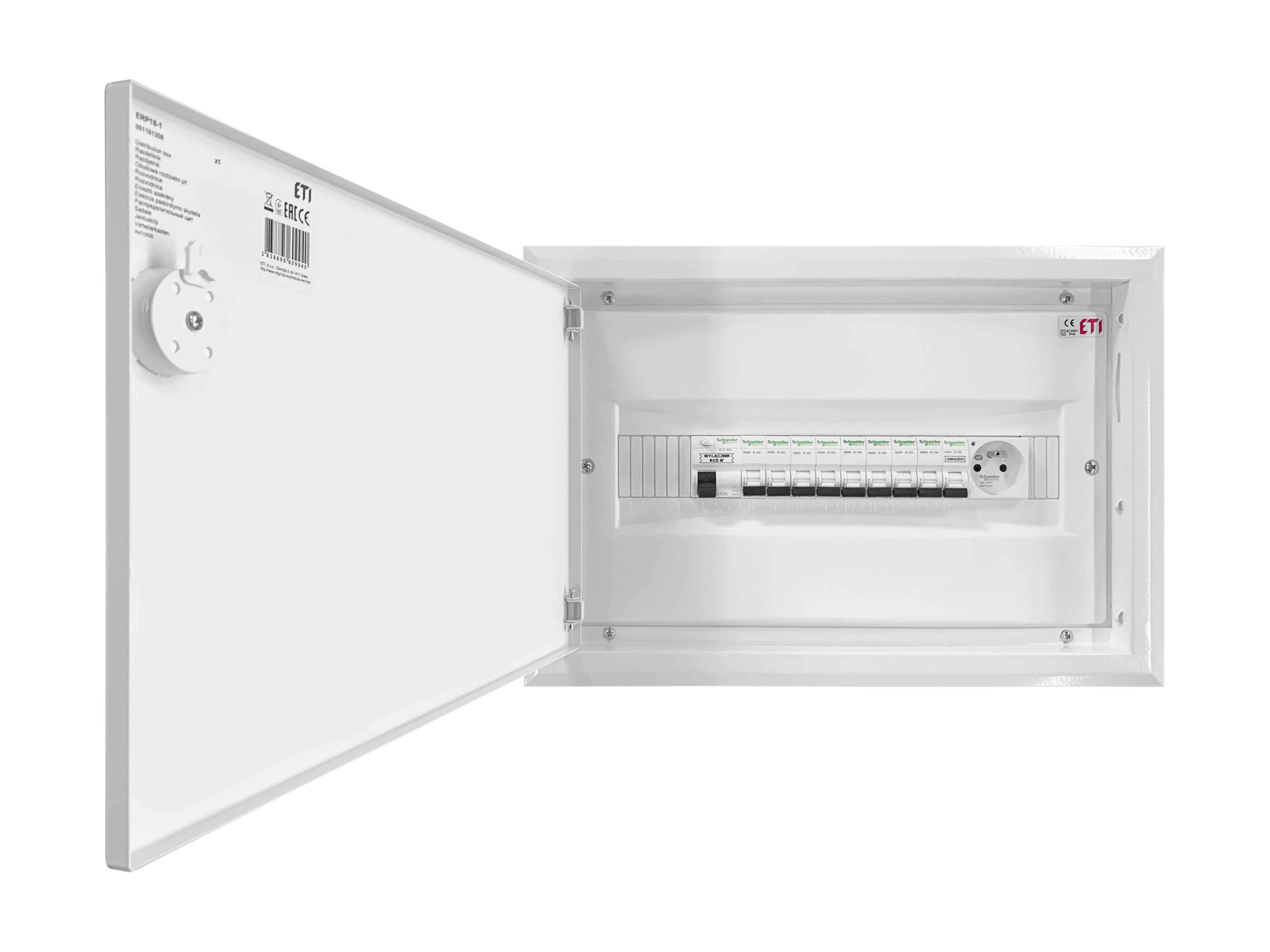 Rozdzielnica podtynkowa, wnękowa z gniazdem 16A 230V, 1x18 modułów ETI