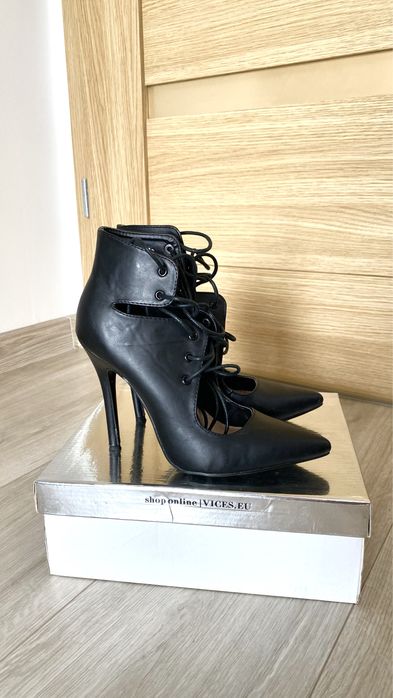 Czarne szpilki 37 wiązane na rzemyki sexy czółenka