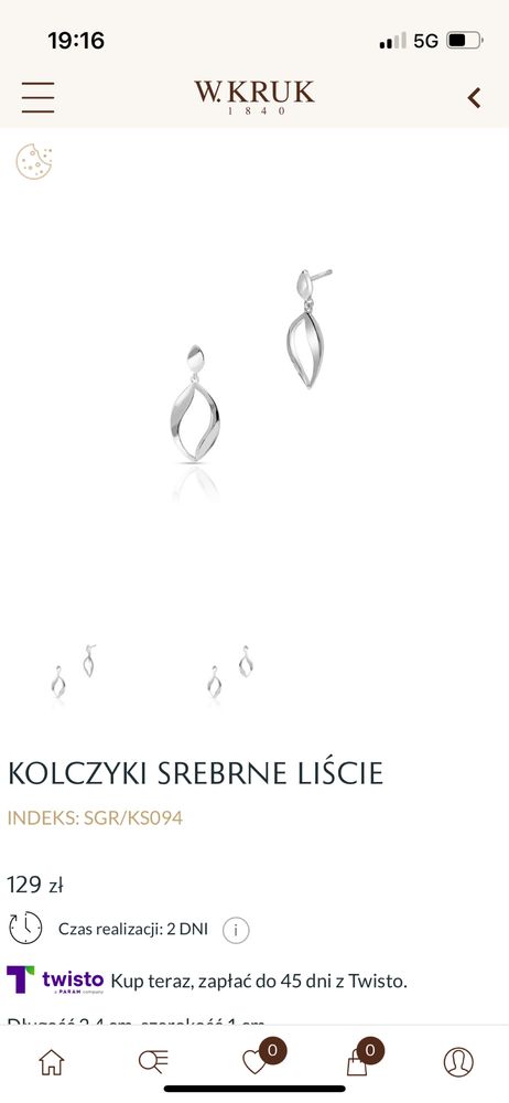 Kolczyki srebrne liście w.kruk