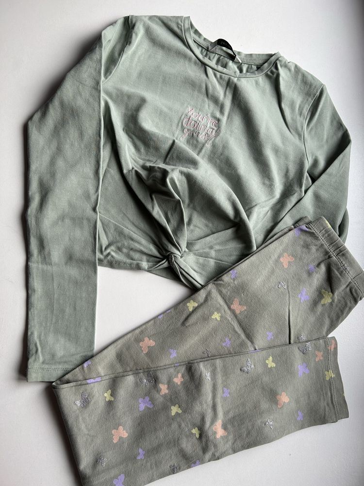 Zielony komplet dla dziewczynki bluzka george i legginsy h&m r.140-146