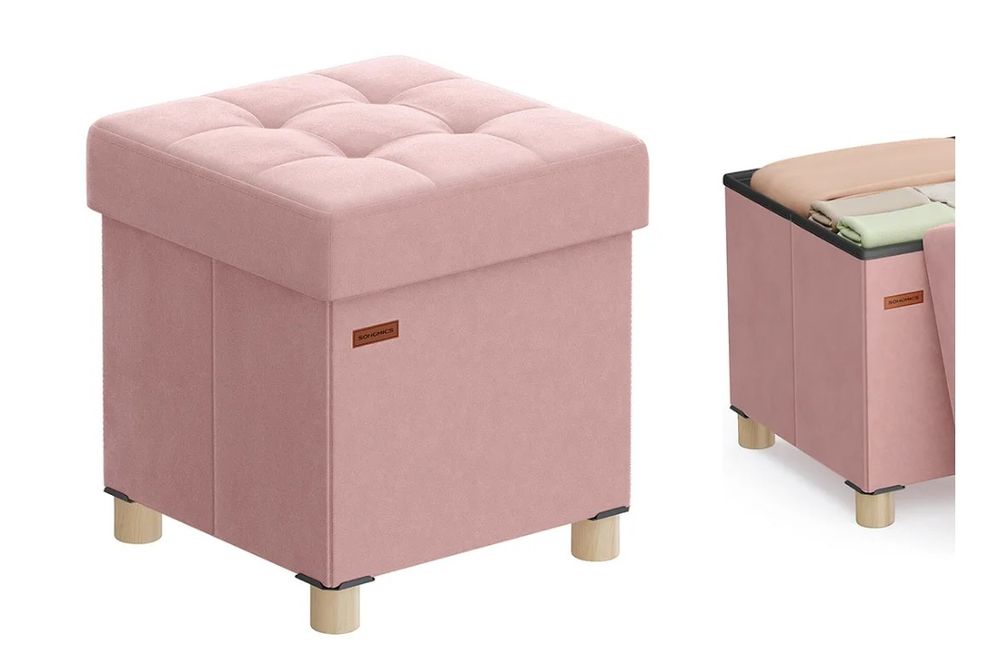 Różowa welurowa pufa ze schowkiem
