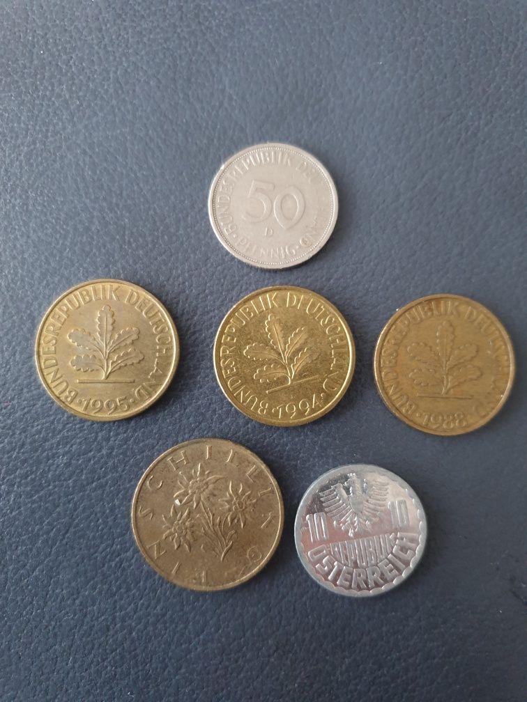 Monety Phenningi niemieckie i 1 schiling i  10 groszy Austria