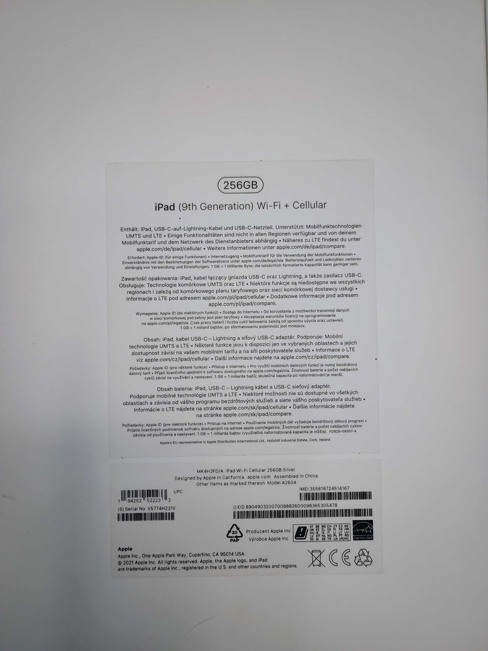 Apple iPad 9-generacji 10,2" 256GB Wi-Fi + Cellular Silver