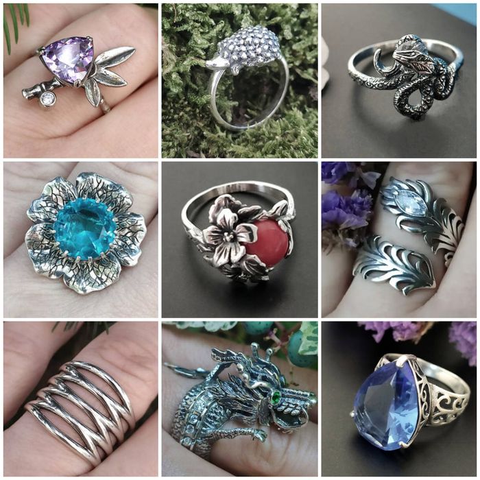 Нові срібні каблучки, 72 дизайни, різні розміри