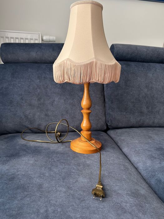 Lampka stołowa nocna drewno PRL vintage retro 2 nowe abażury