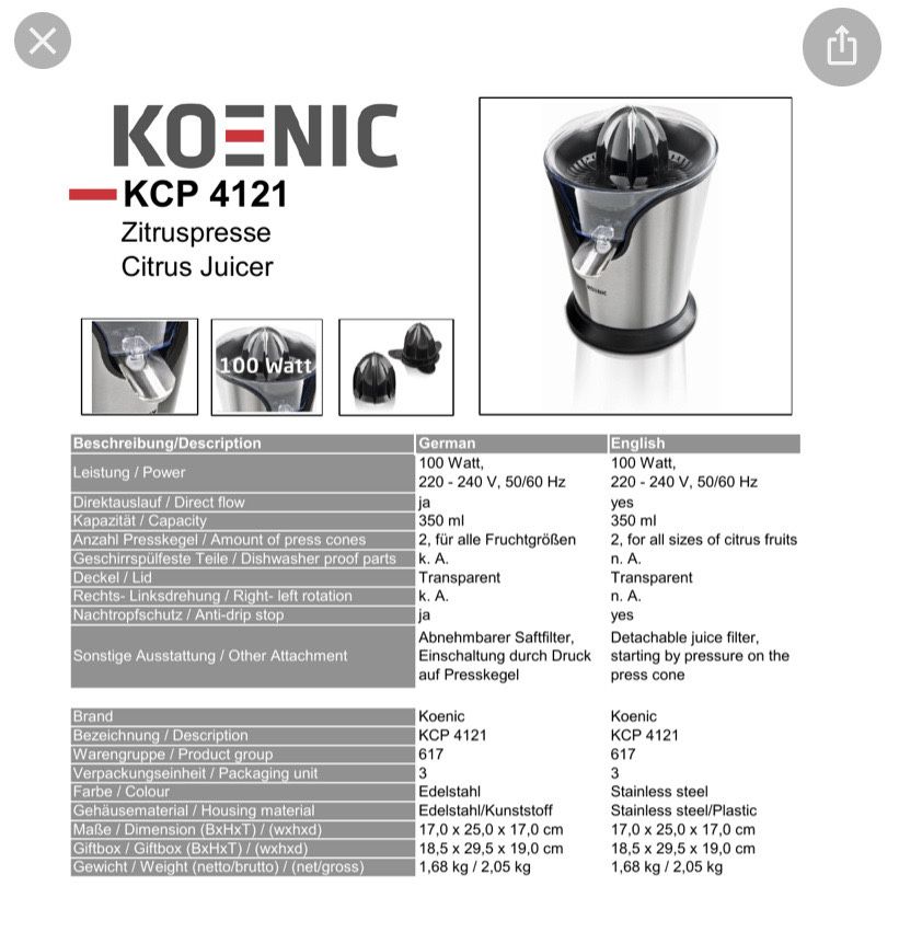 Соковижималка koenic kcp 4121 Німеччина