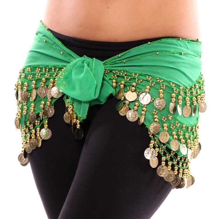chusta taniec brzucha bellydance zumba - zielona, złote monetki