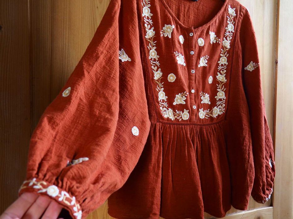 Bluzka pomarańczowa ceglasta boho Zara z haftem M bufiaste rękawy