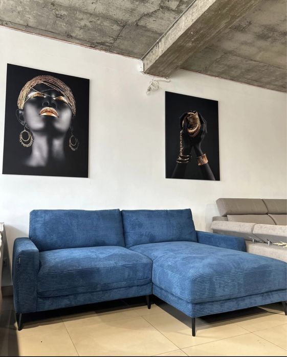 Кутовий нерозкладний диван,синій,з пуфом