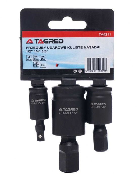 Przeguby kuliste udarowe 1/2" 1/4" 3/8", zestaw 3 sztuk