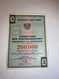 Depozytowy bon oszczędnościowy. Kolekcjonerski, 200000 złotych.