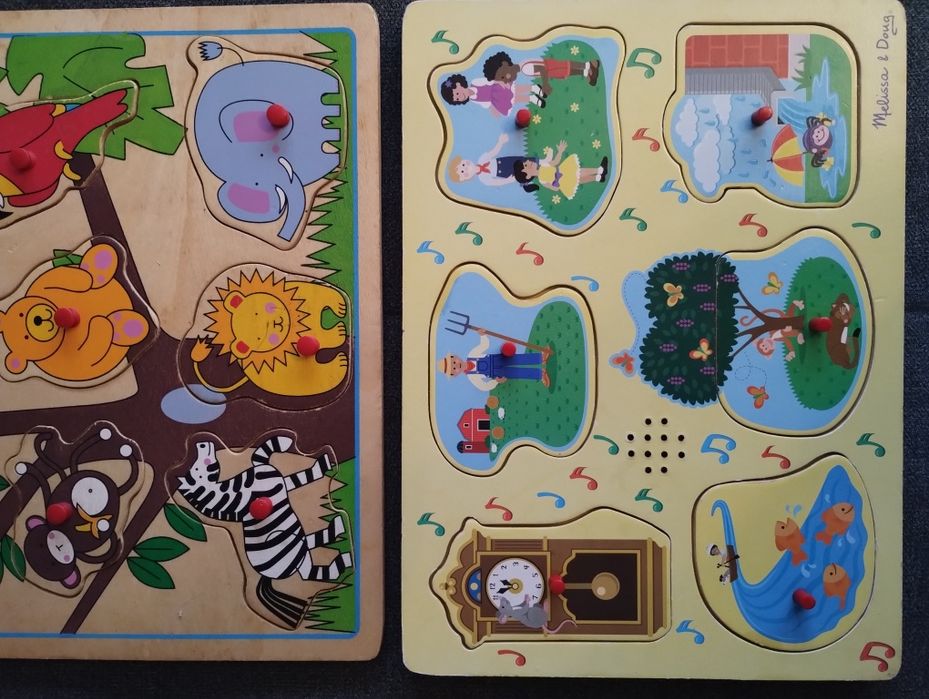 Trzy drewniane układanki edukacyjne grająca piosenki na baterie