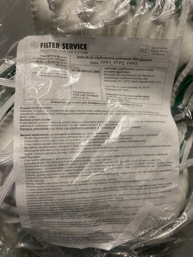 34szt. Półmaska filtrująca FS-O/21V FFP2 NR D maska maseczka