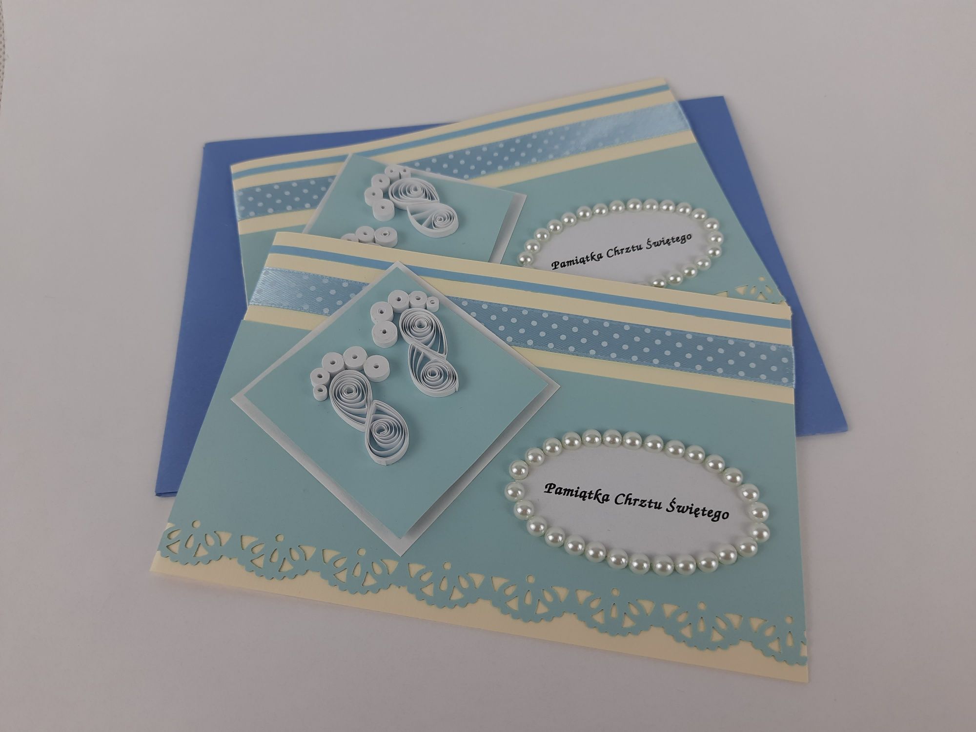 Pamiątka chrztu świętego 2kartki quilling dla bliźniaków handmade