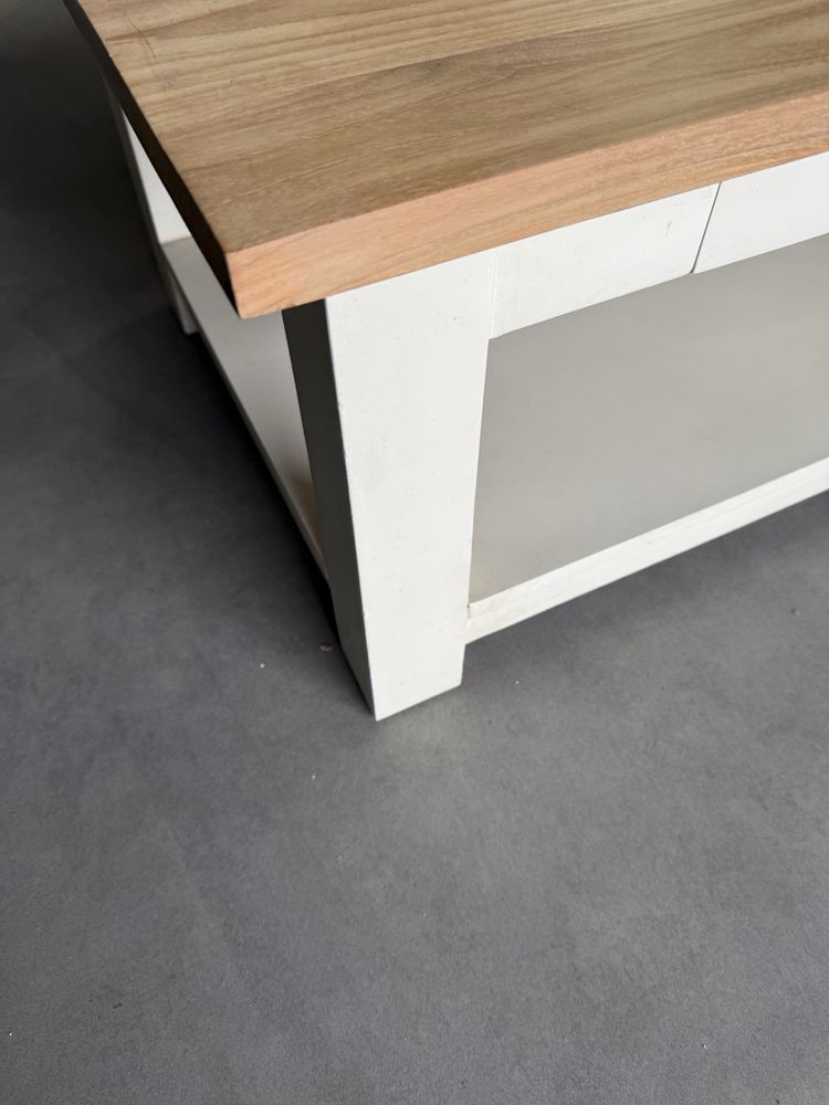 DESIGNERSKI masywny Stolik kawowy duży drewniany tekowy biały mleczny