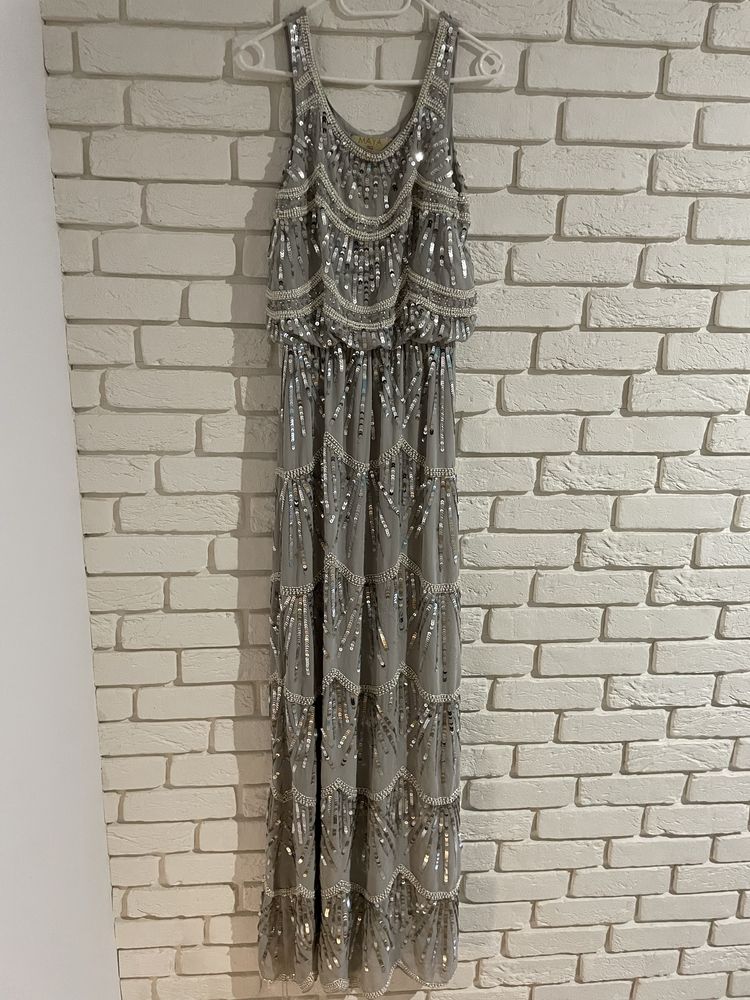 Suknia Maya Tall cekiny perły długa srebrna