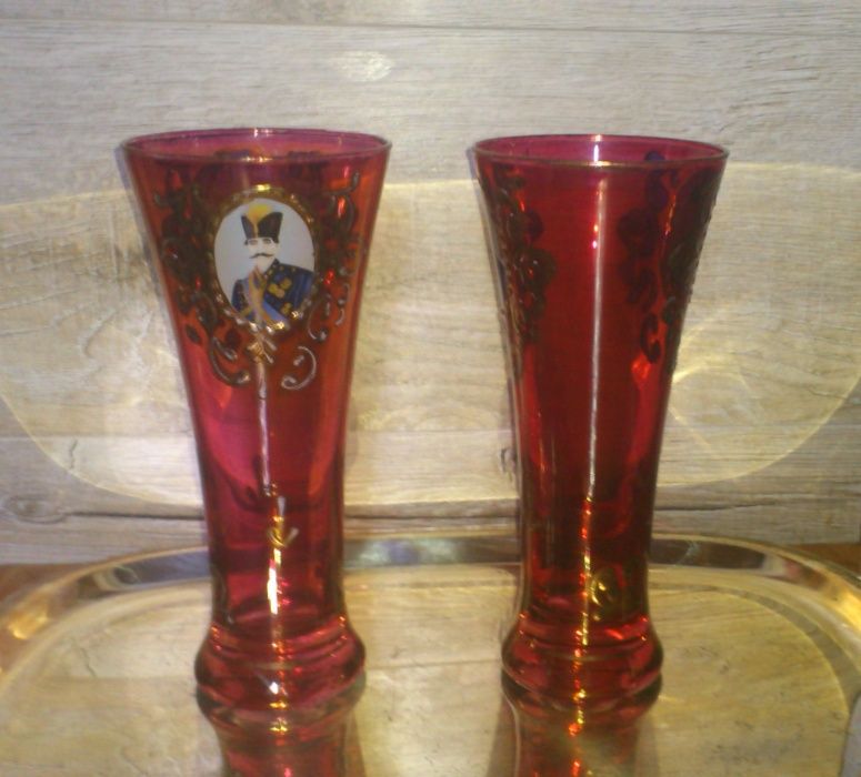 Para szklanic MOSER BOHEMIA Cranberry Gold Medalion Glasses