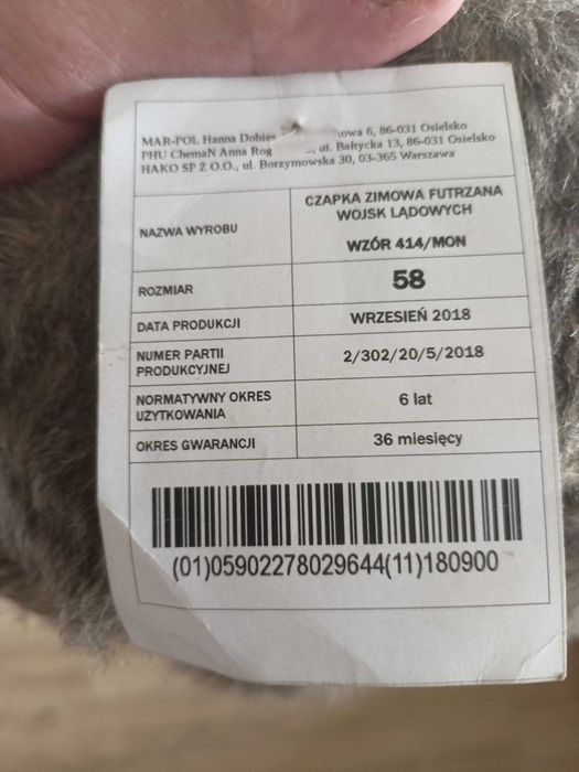 Czapka futrzana oficerska wojsk lądowych wzór 414/MON rozmiar 58