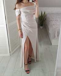Asos 36 S perłowa sukienka hiszpanka satynowa maxi długa z rozcięciem