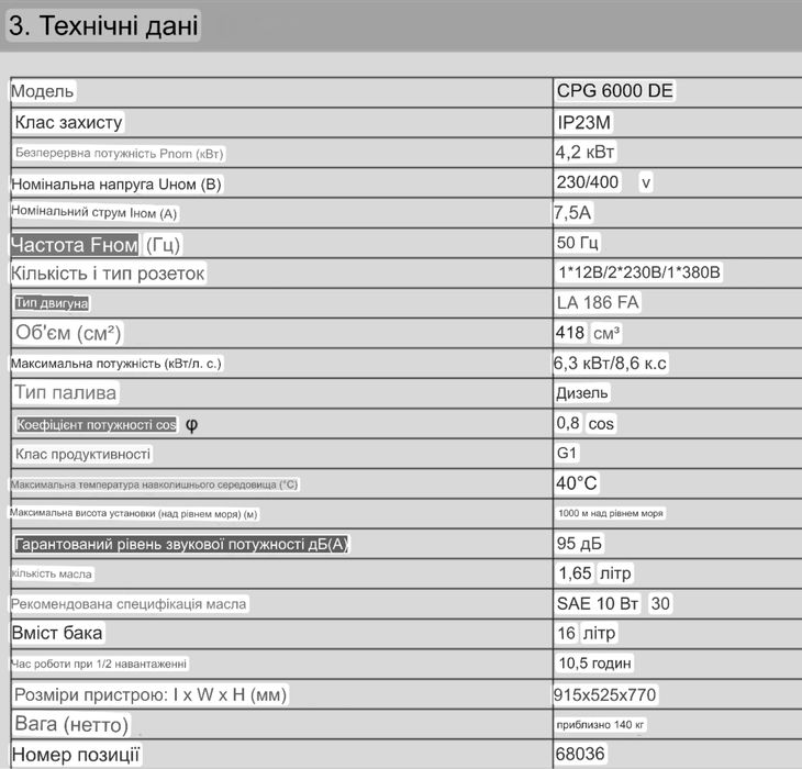 Дизельний генератор CPG 6000 DE