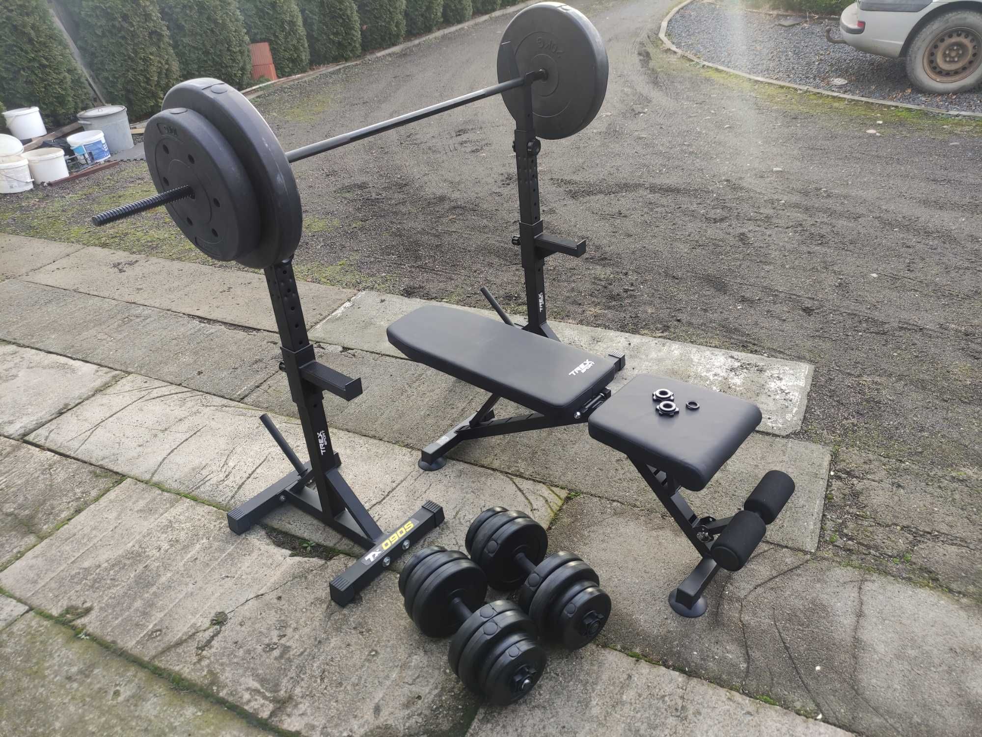 Ławka ławeczka stojaki z asekuracją gryf 97kg hantle obciążenie