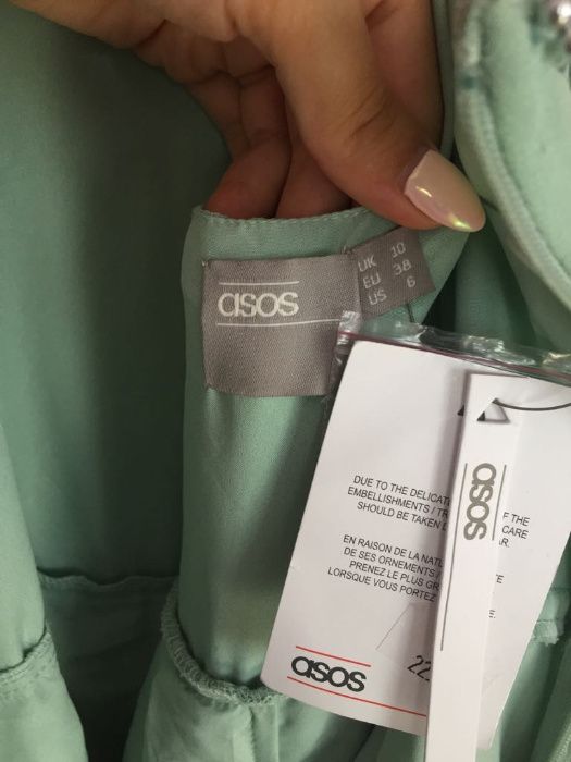Sukienka wesele elegancka midi Asos turkusowa zielona zdobiona 38