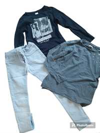 Szare spodnie jeansowe plus 2 bluzki r 134