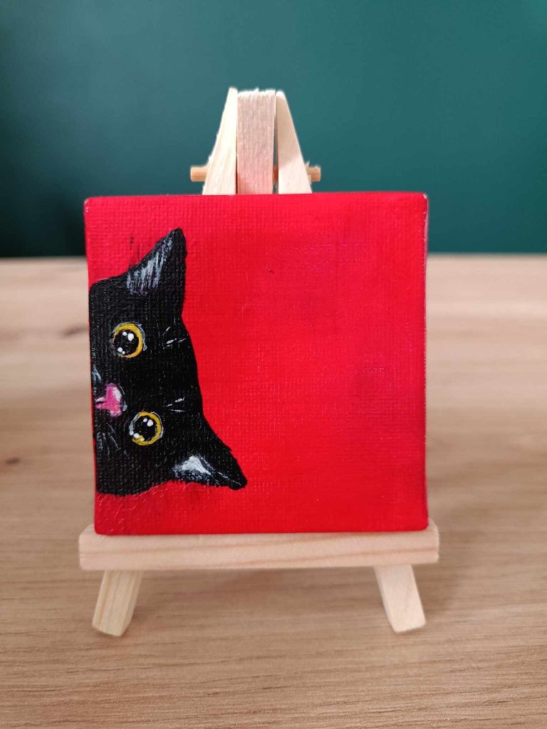 Mini obraz ręcznie malowany, prezent, kot na czerwonym tle