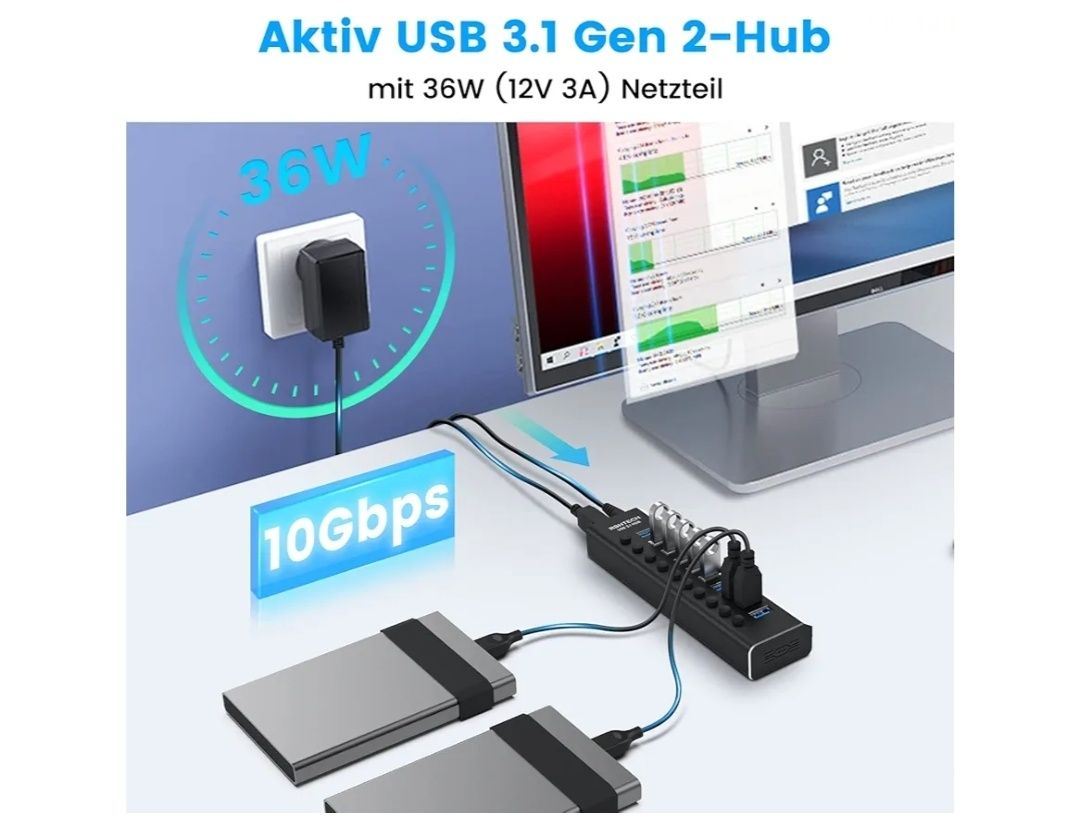 Hub USB 3,1 10 portowy rozdzielacz USB