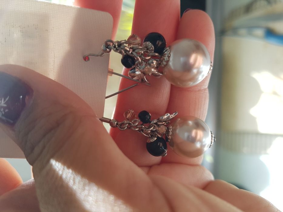 Zestaw kolczyki bransoletka czarna perły kulki nowe I am wiszące